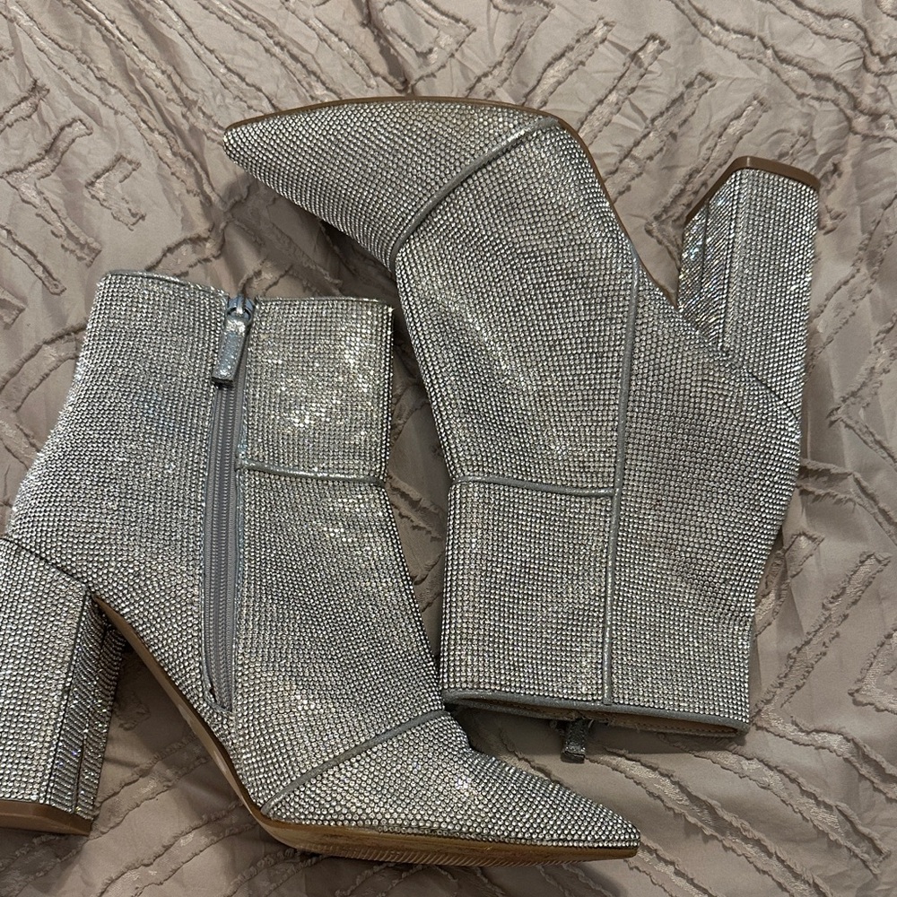 Steve Madden Silver Crystal Block Heel Ankle Boots